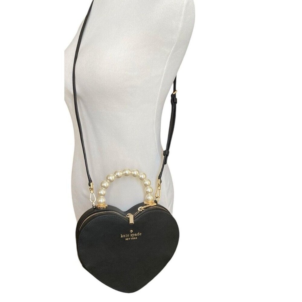 NWT Kate Spade KF516 Love Shack Heart Pearl Crossbody Purse Black Leather $389 - Picture 2 of 7